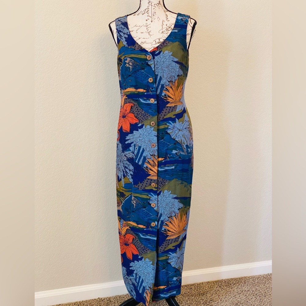 Vintage Saint Tropez West blue olive green orange sun dress size 6